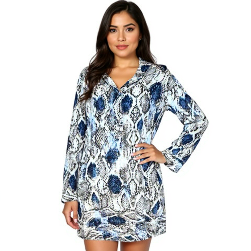 Tribal Tan/Blue/Black Print Pre-Owned Ladies Dress - Size Large