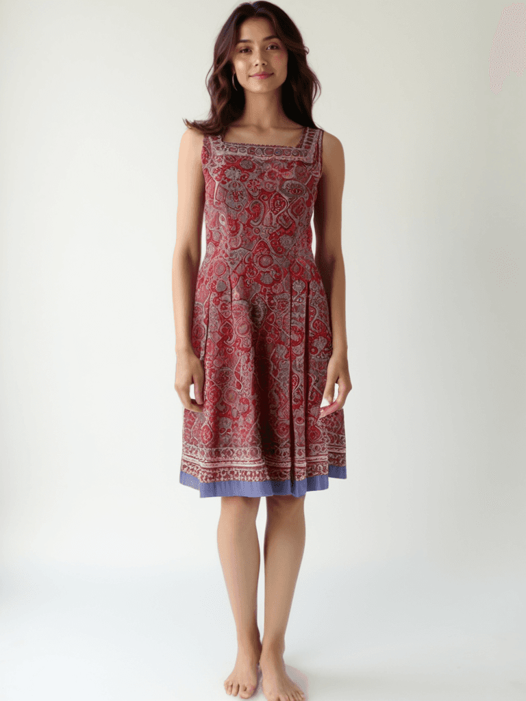 Talbots Dress Size 2P in pink and red with a sleeveless design and square neckline, modeled to show flattering fit and vibrant pattern.