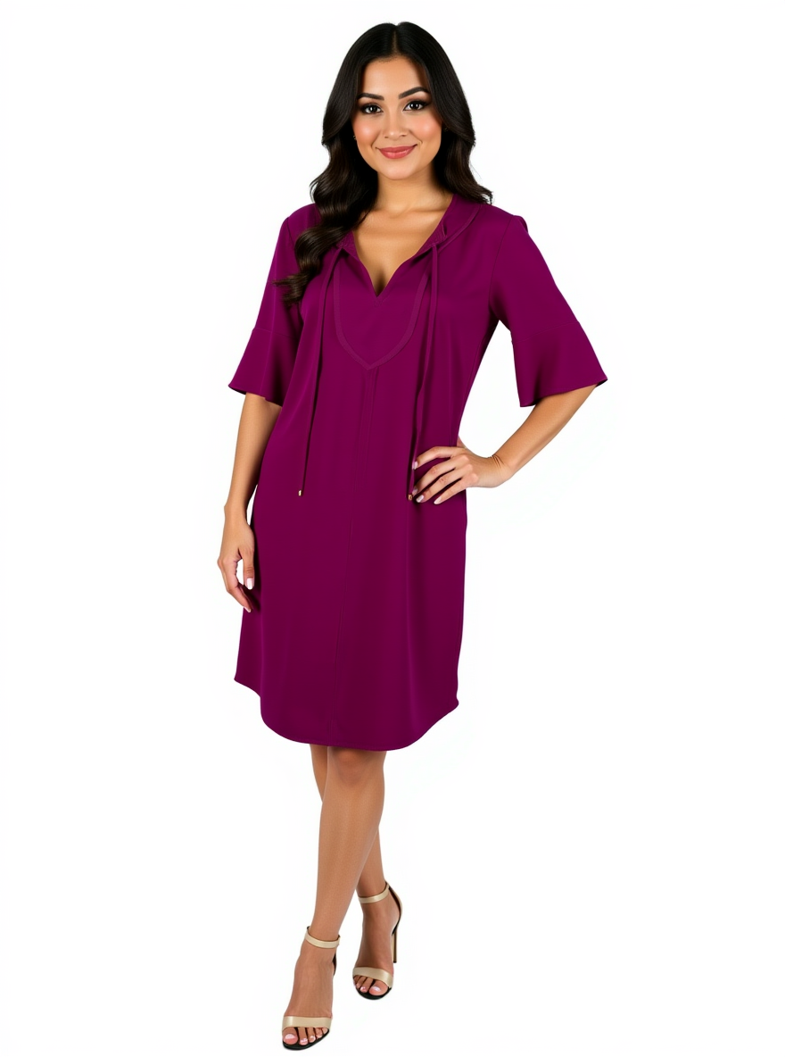Trina Turk Fuschia Solid Pre-Owned Ladies Dress Size 10 styled on model with V-neck, bell sleeves, and mini shift silhouette for casual or party wear.