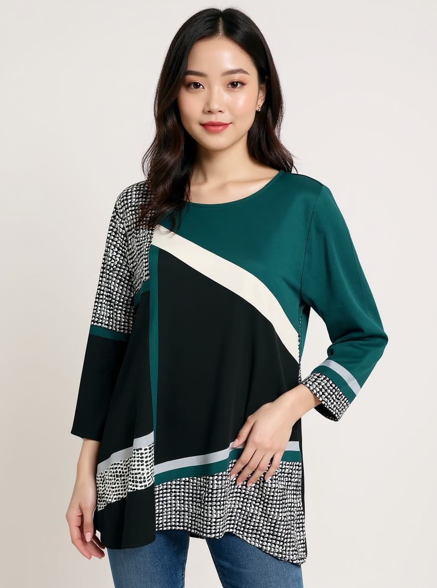 Alfani Green/White/Black Color Block Pre-Owned Ladies Top - Size Large