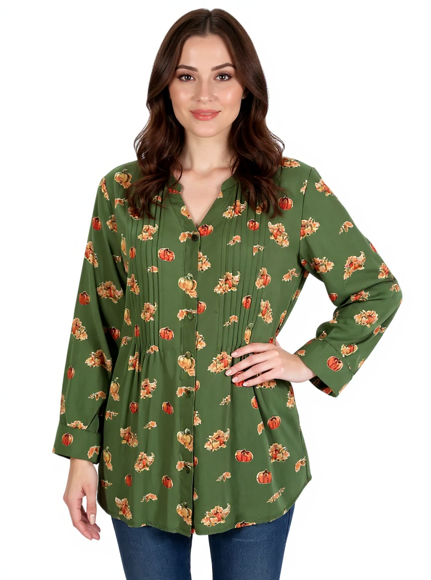 Coldwater Creek Green/Orange Pumpkins Pre-Owned Ladies Tops - Size 1X