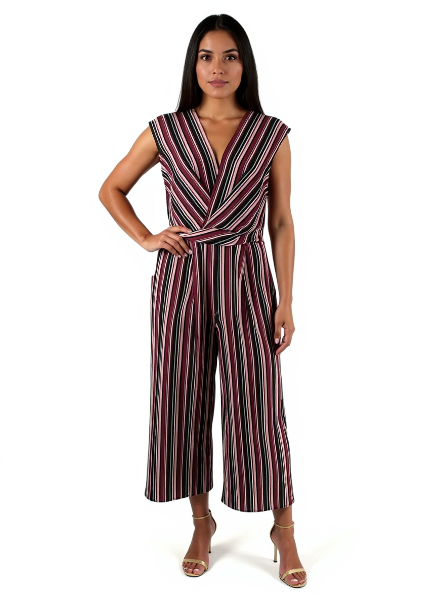Speechless Purple/Black Stripe Pre-Owned Ladies Jumpsuit - Size Large