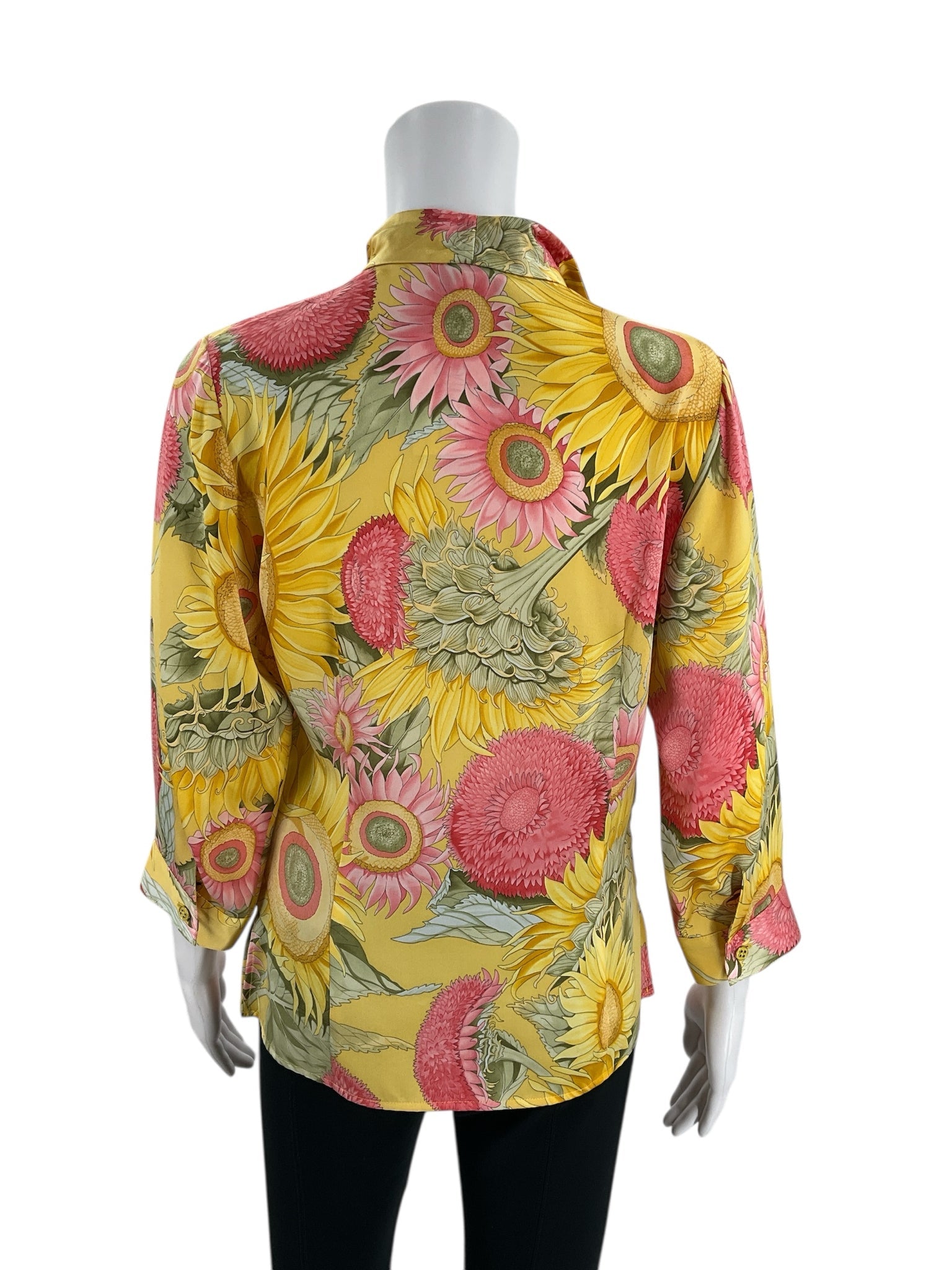 Back view of Doncaster Silk Floral Top, size small, featuring vibrant sunflower and daisy print in yellow and pink tones for casual wear.