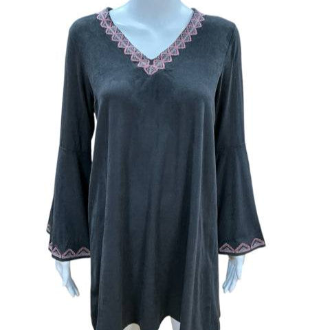 Front view of THML gray and pink suede embroidered dress, Size Small, featuring bell sleeves and V-neckline. Shop at Margaret's Consignment.
