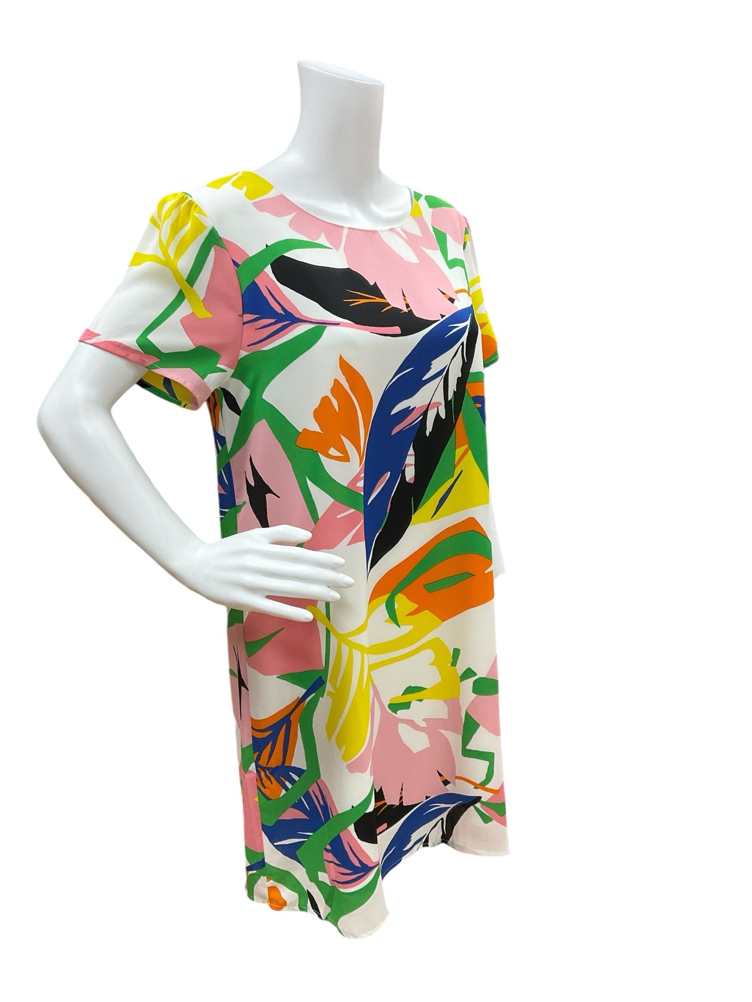 Side view of She + Sky Size Small dress with colorful palm leaf print, gently used and perfect for casual summer outings or beach vacations.