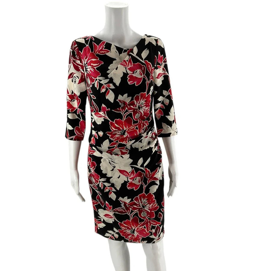 White House Black/Cream Red Floral Market Pre-Owned Dress - Size 6 Petite