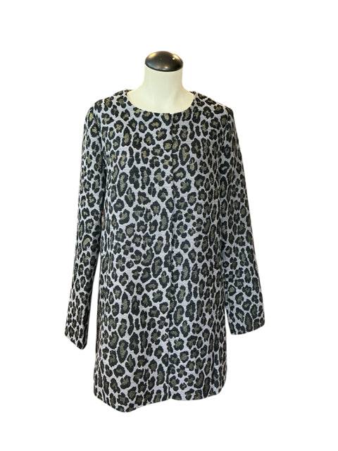 Dolce Cabo Jacket Size Large in gray, black, and gold animal print with long sleeves, available at Margaret’s Fine Consignments.