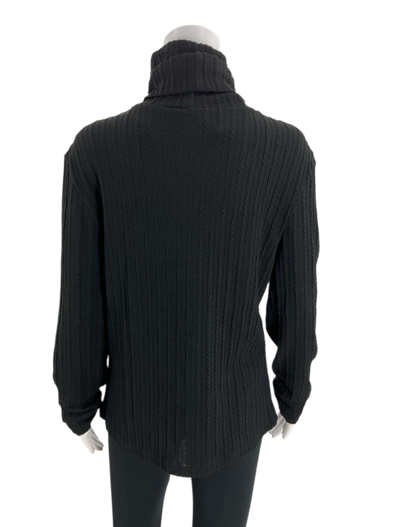 Back view of Noracora black ribbed turtleneck sweater in size XL, showing full-length sleeves and relaxed fit, new with tags.