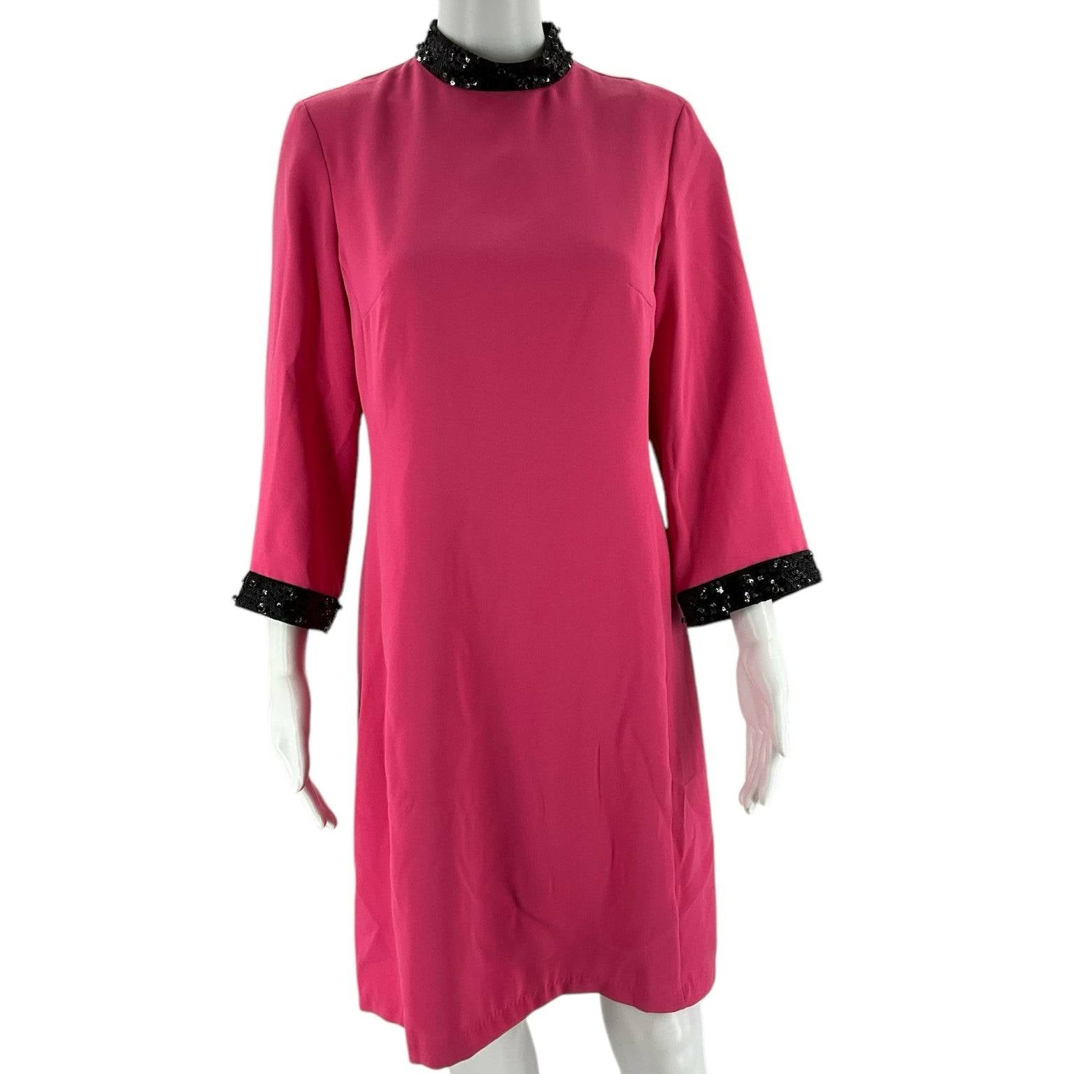 Front view of Julie Brown Size 4 pink dress with black sequin trim, available at Margaret's Fine Consignments. Elegant and brand new with tags.