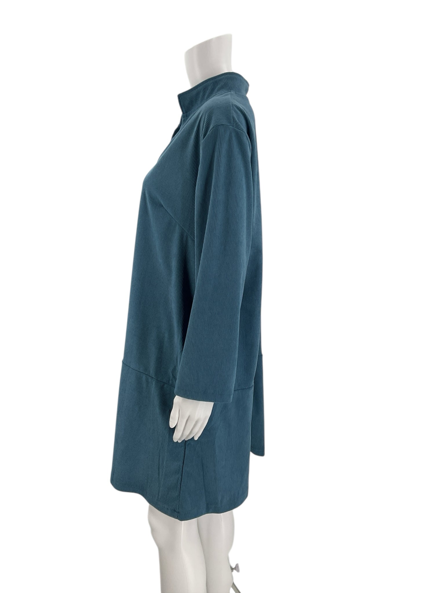 Side profile of Blue Corduroy Dress | Pre-Owned | Women's Dress, highlighting soft corduroy texture and loose silhouette in XL size.