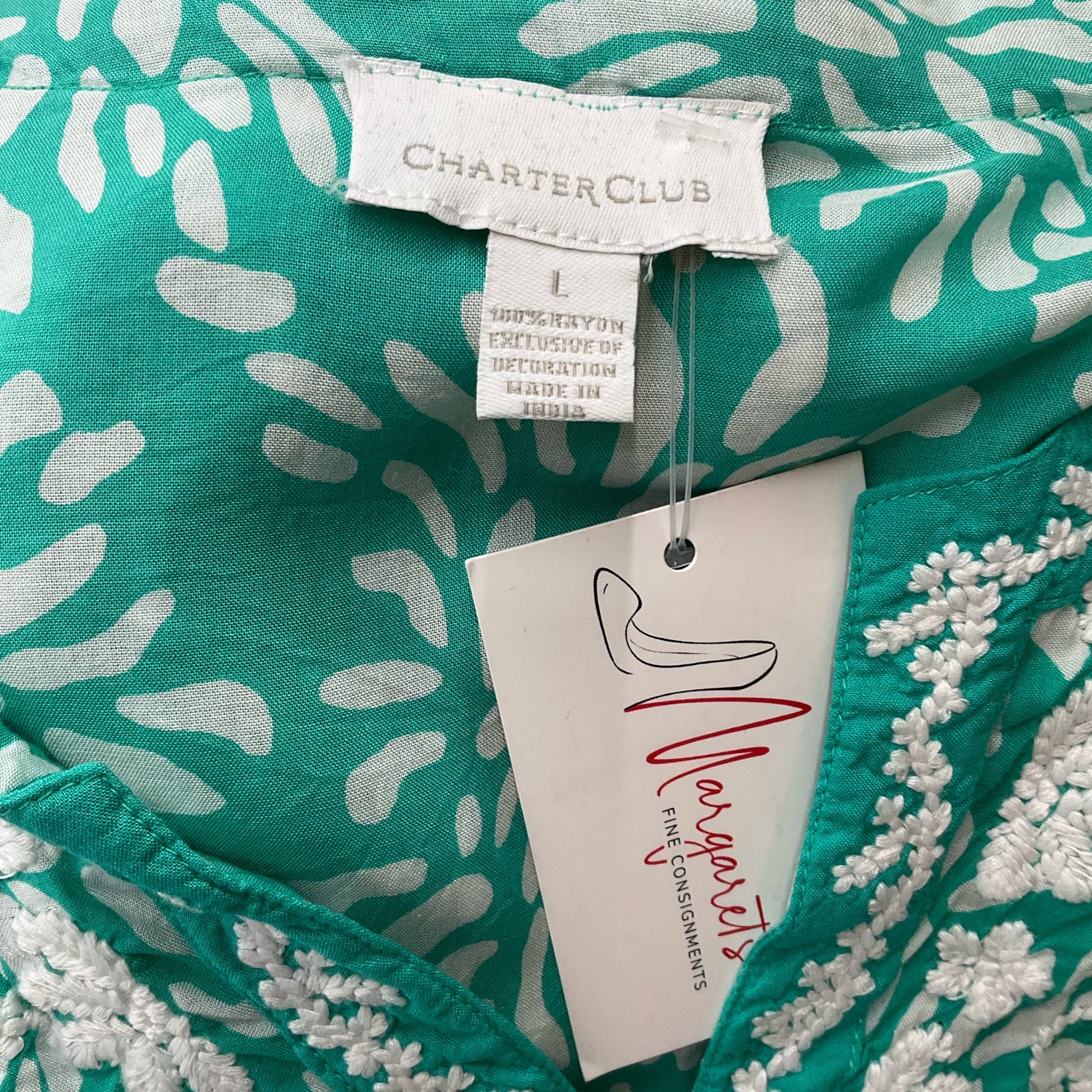Charter Club Green/White Print Pre-Owned Ladies Casual Top - Size Large - Margaret’s Fine Consignment