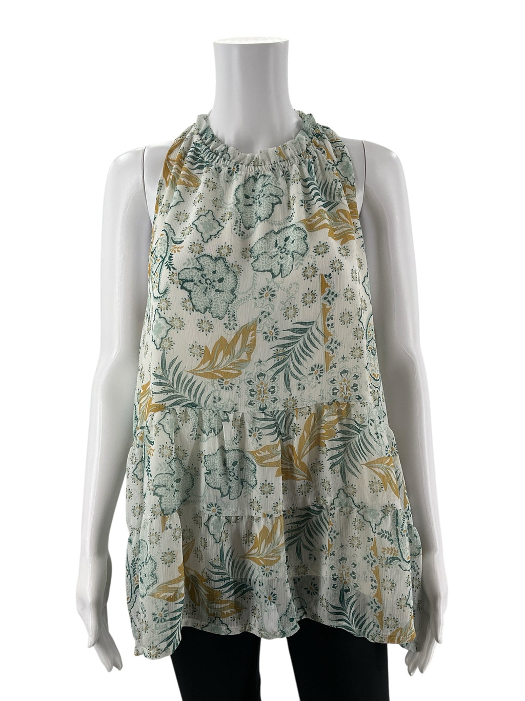 Lily Star teal and tan floral sleeveless tunic blouse with tiered design and high neck, size large.