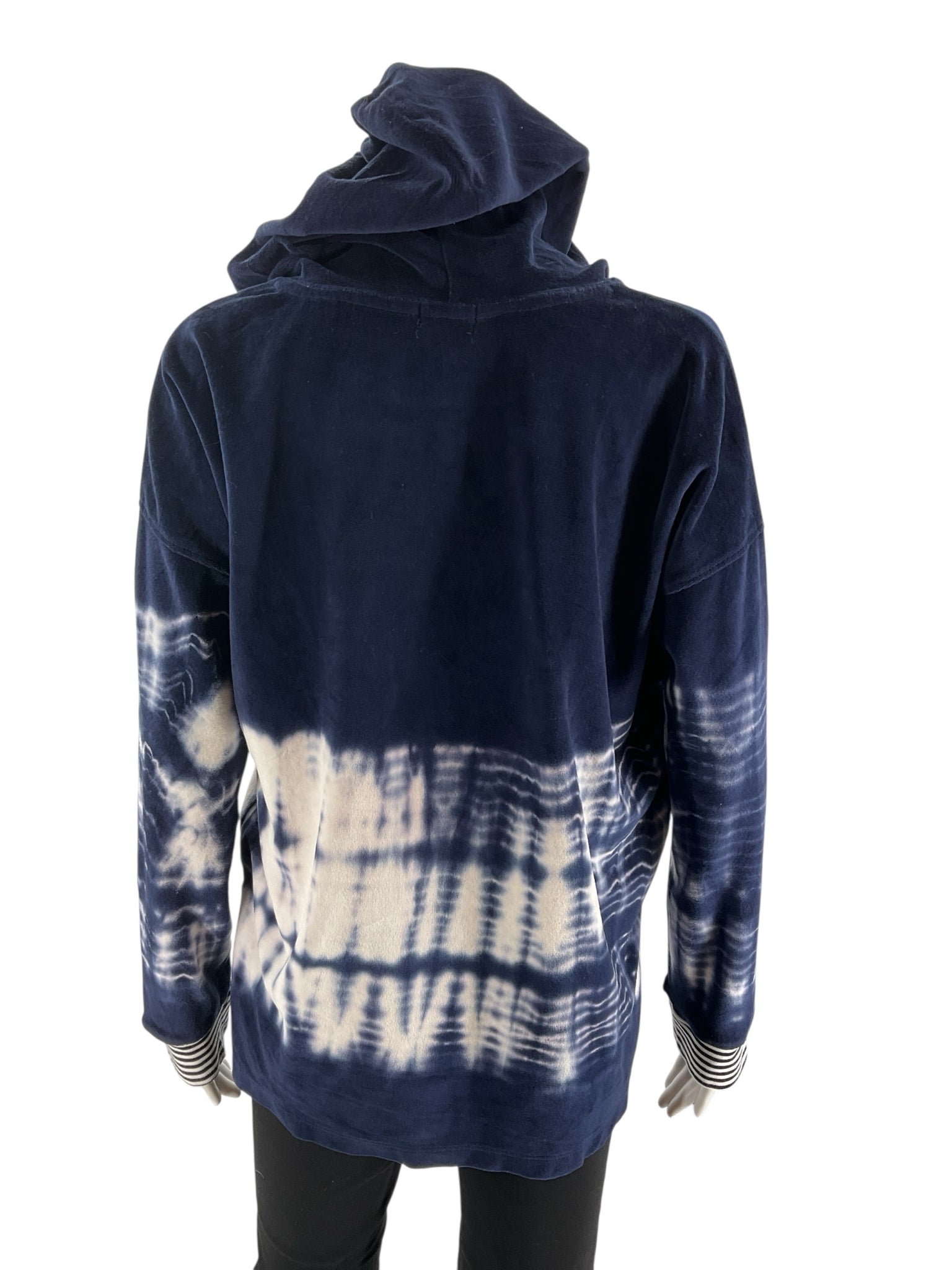 Splendid navy and white tie-dye hoodie top for women, size small, featuring a casual, coastal loungewear style.