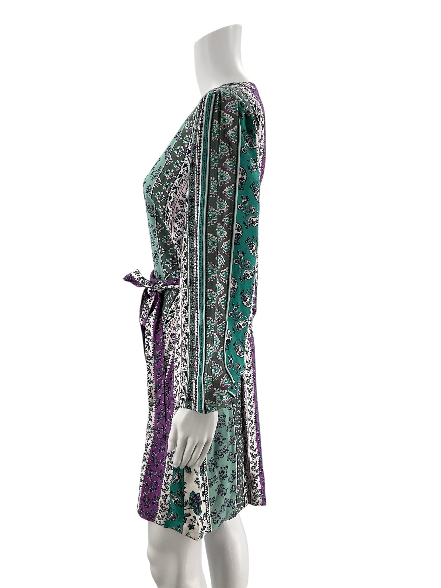 LOFT pre-owned size 6 A-line dress featuring a green, purple, and white floral pattern in a bohemian style.