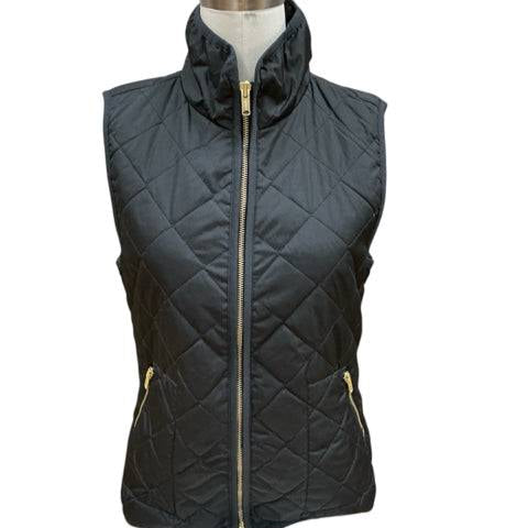 Front view of Old Navy Black Quilted Vest Size XS with gold zipper and pockets, available at Margaret’s Fine Consignments.