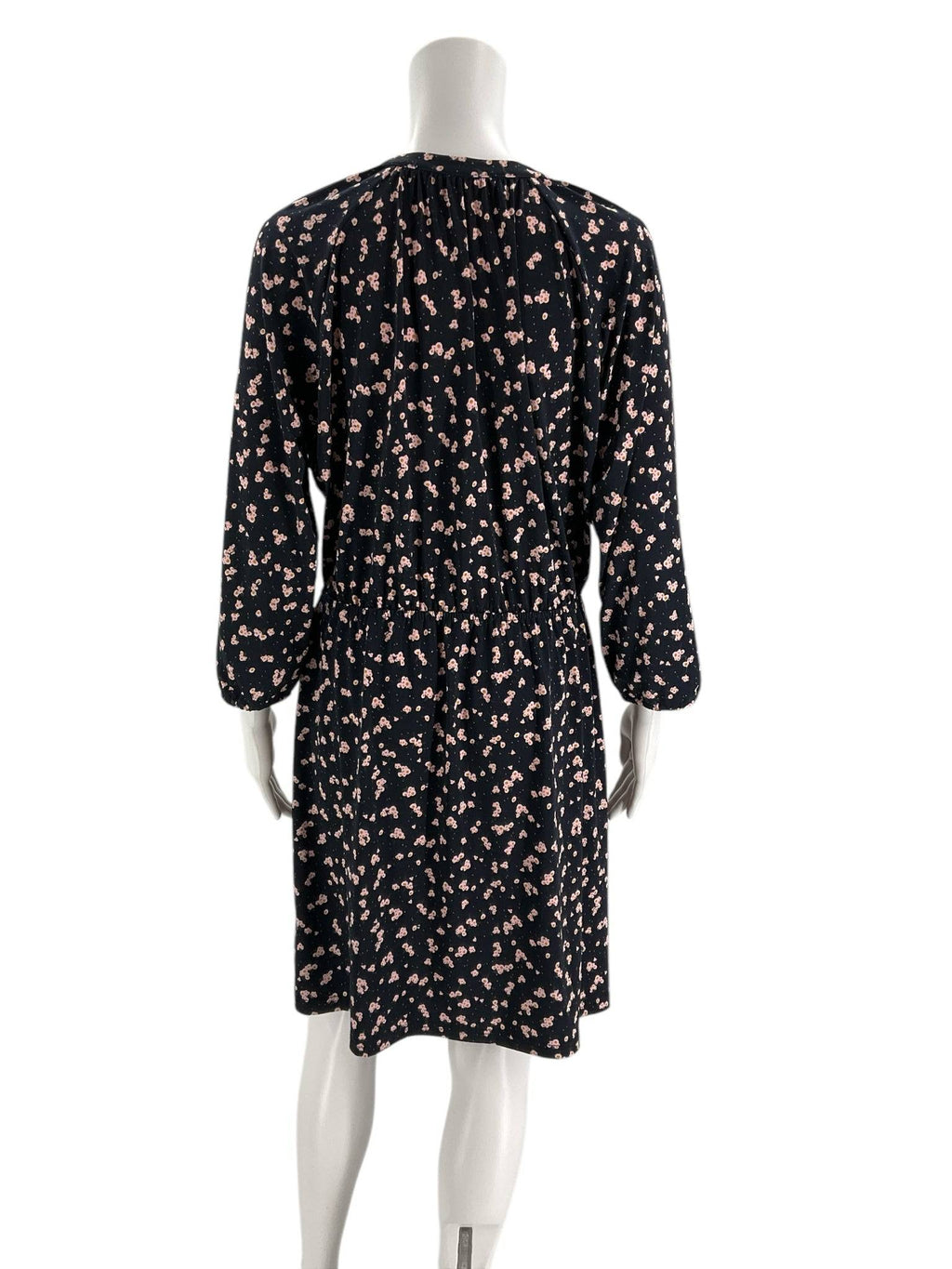 Back view of Collective Concepts Dress Size Petite XL in navy with pink floral pattern, showcasing elastic waist and relaxed silhouette at Margaret's Fine Consignments.