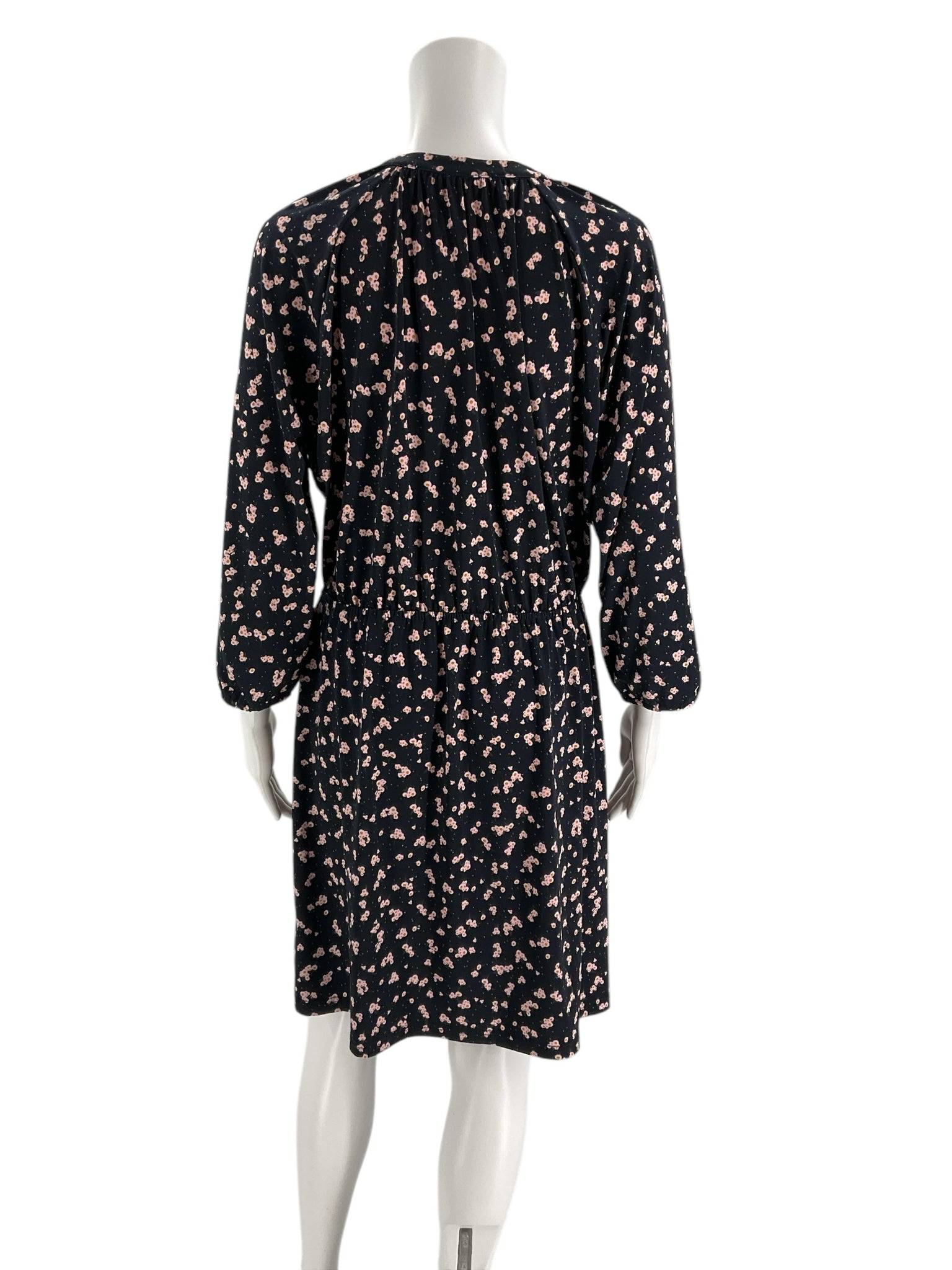 Back view of Collective Concepts Dress Size Petite XL in navy with pink floral pattern, showcasing elastic waist and relaxed silhouette at Margaret's Fine Consignments.