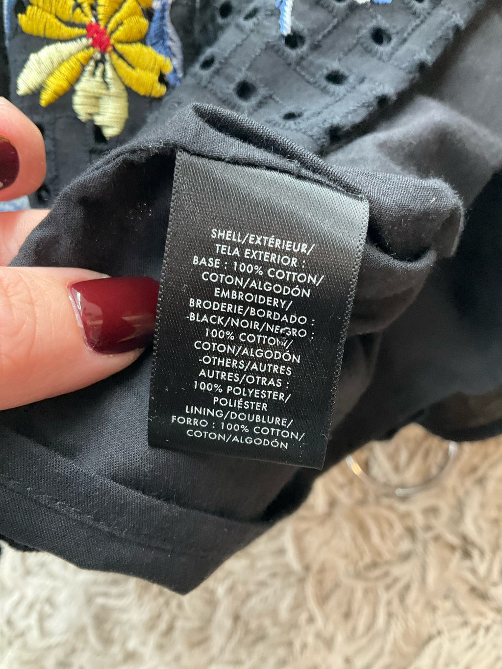 Ann Taylor black and multi floral embroidered top, size XL, featuring a bohemian and feminine casual style.