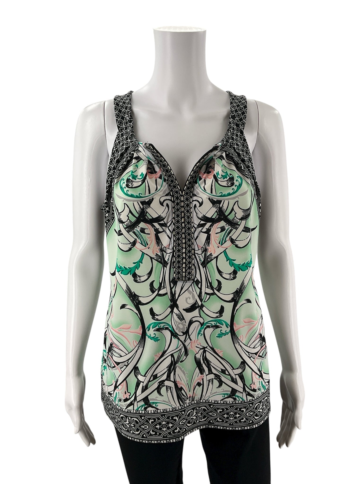 White House Black Market White/Black/Mint Print Pre-Owned Ladies Top - Size Small