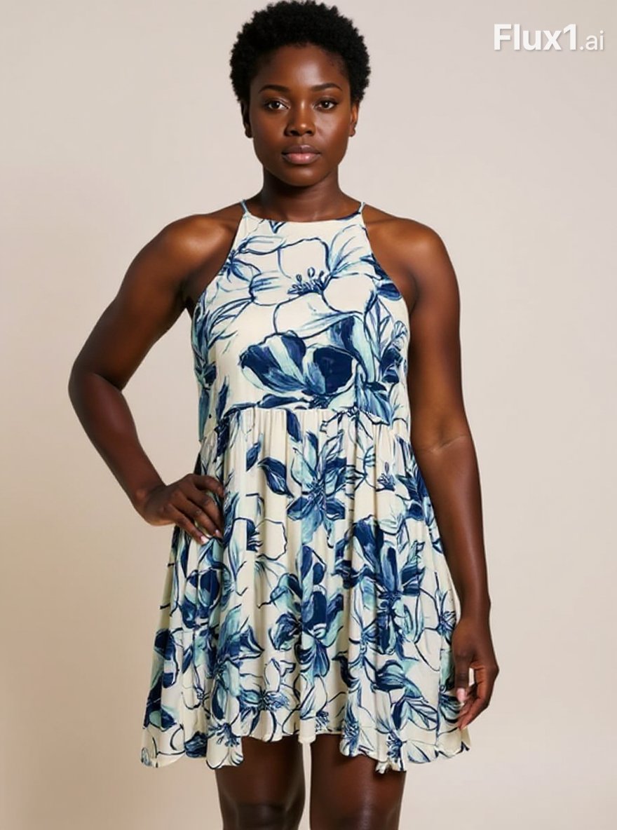 Lush Cream/Blue Floral Ladies Pre-Owned Dress - Size Medium