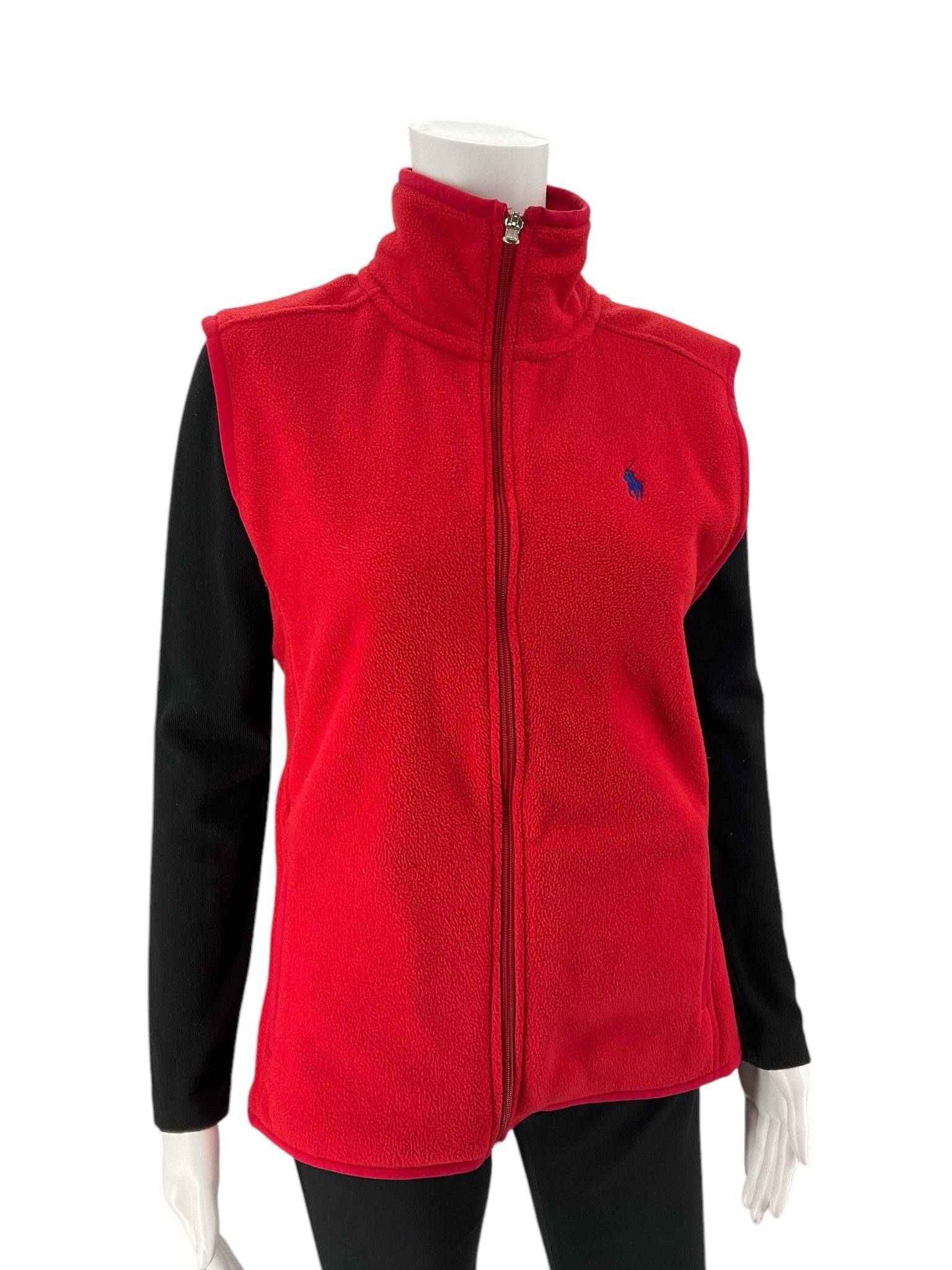 Polo Red Fleece Vest Size Medium displayed over black sleeves, showcasing front zip and logo. Available at Margaret’s Fine Consignments.