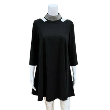 Gracia Black Dress Size Small displayed on mannequin, featuring a silver embellished neckline and 3/4 sleeves. Available at Margaret’s Fine Consignments.