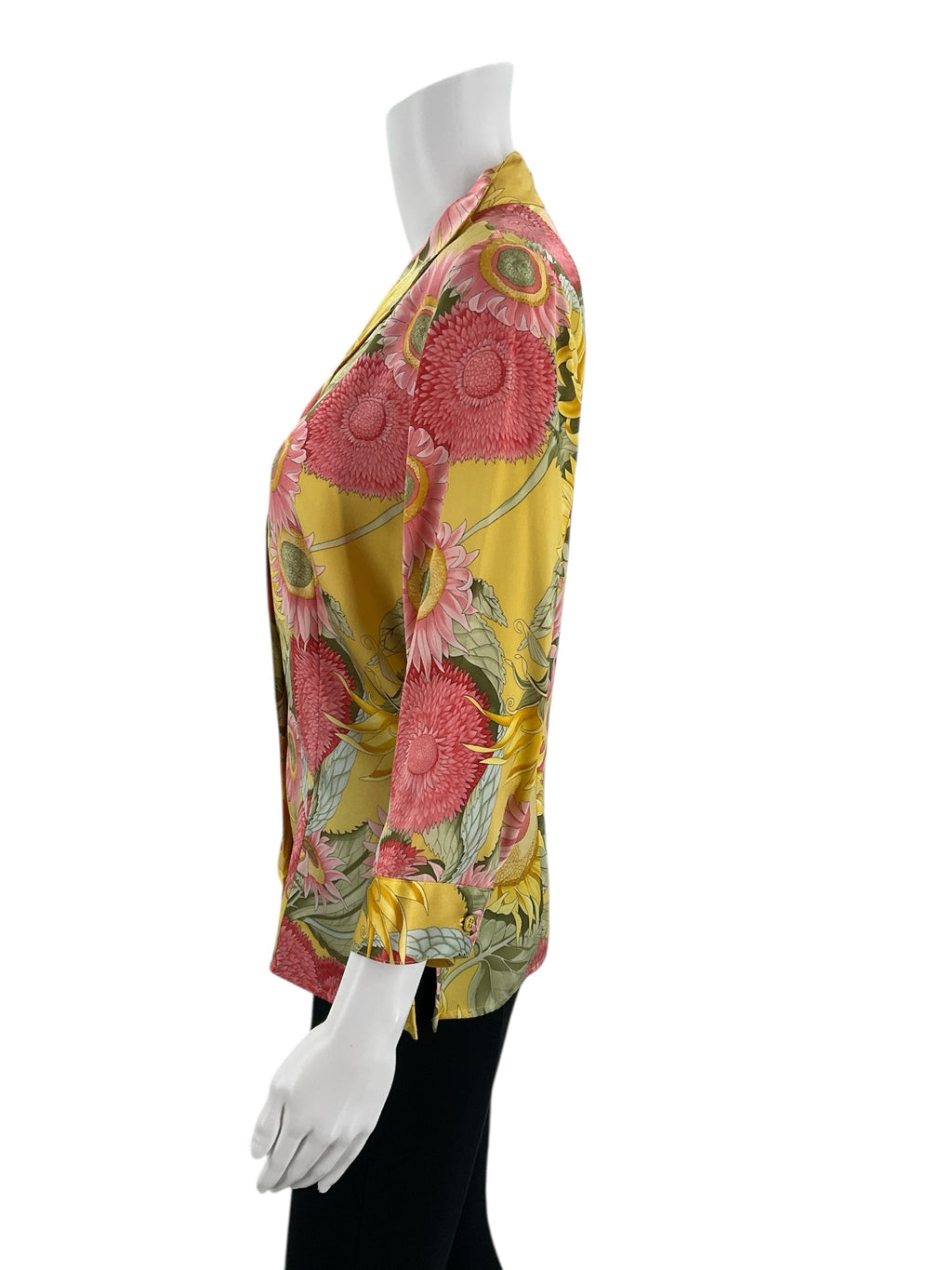 Side profile of Doncaster Silk Floral Top, size small, showcasing soft silk fabric and colorful floral pattern for stylish casual outfits.