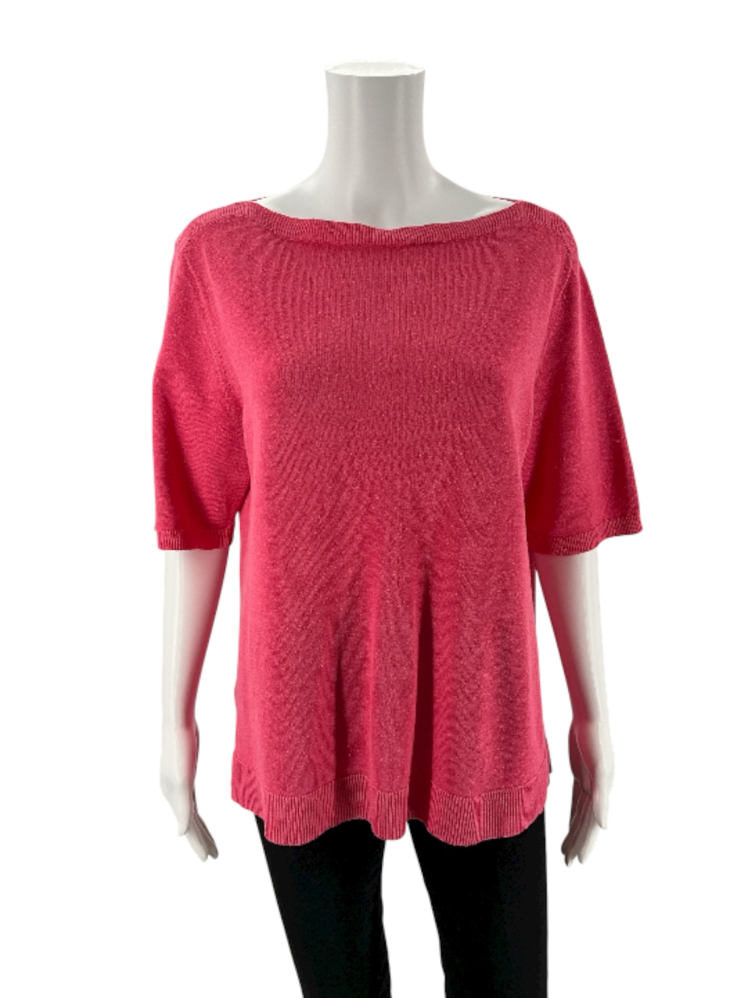 Ann Taylor pink solid knit pullover top with bateau neck, relaxed fit, size large, perfect for casual minimalist style.