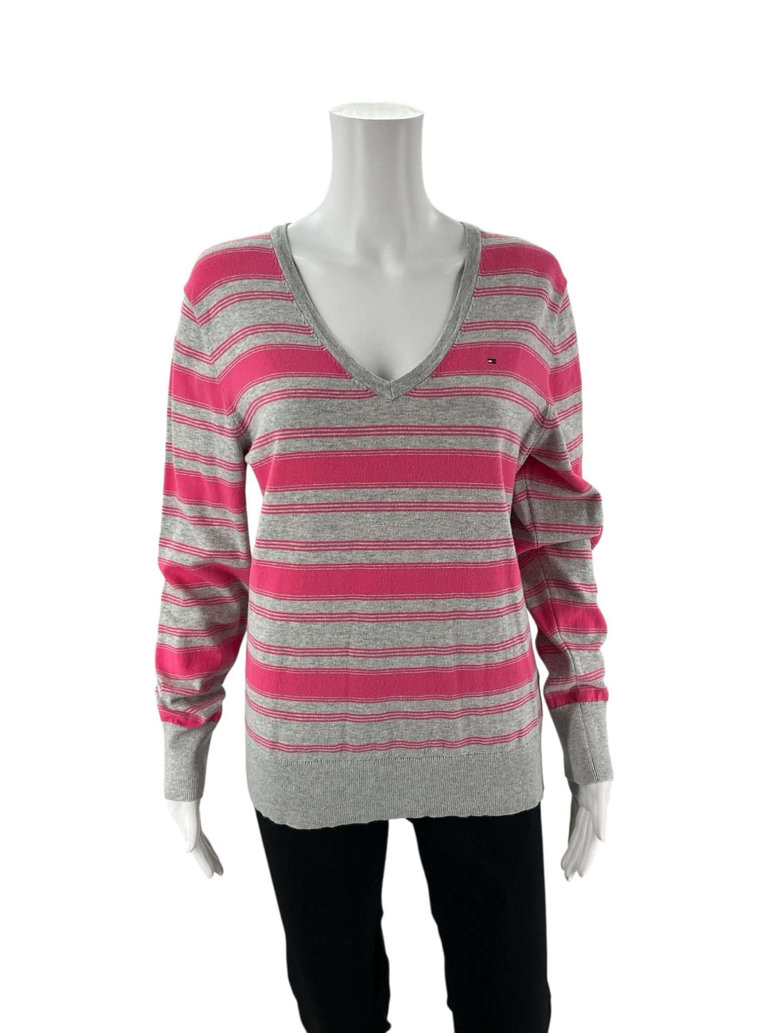 Tommy Hilfiger Gray/Pink Stripe Pre-Owned Ladies Top - Size Large