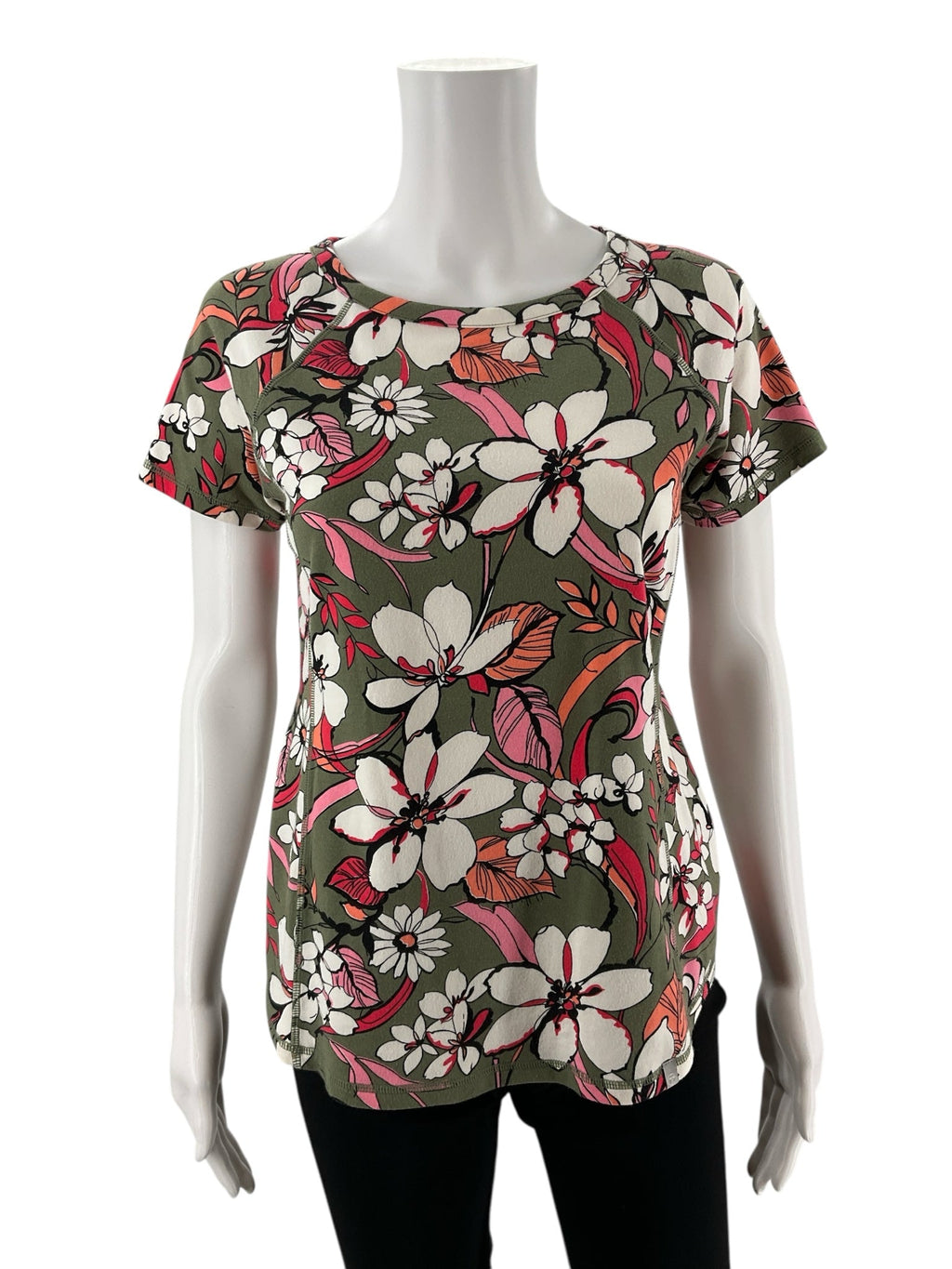 T by Talbots olive, pink, and white floral casual knit tee, crew neck, short sleeve, size small petite.