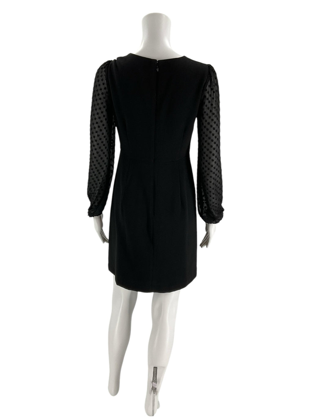 Back view of Ann Taylor Black Petite Dress with sheer dotted sleeves, gently used and elegant from Margaret's Fine Consignments.