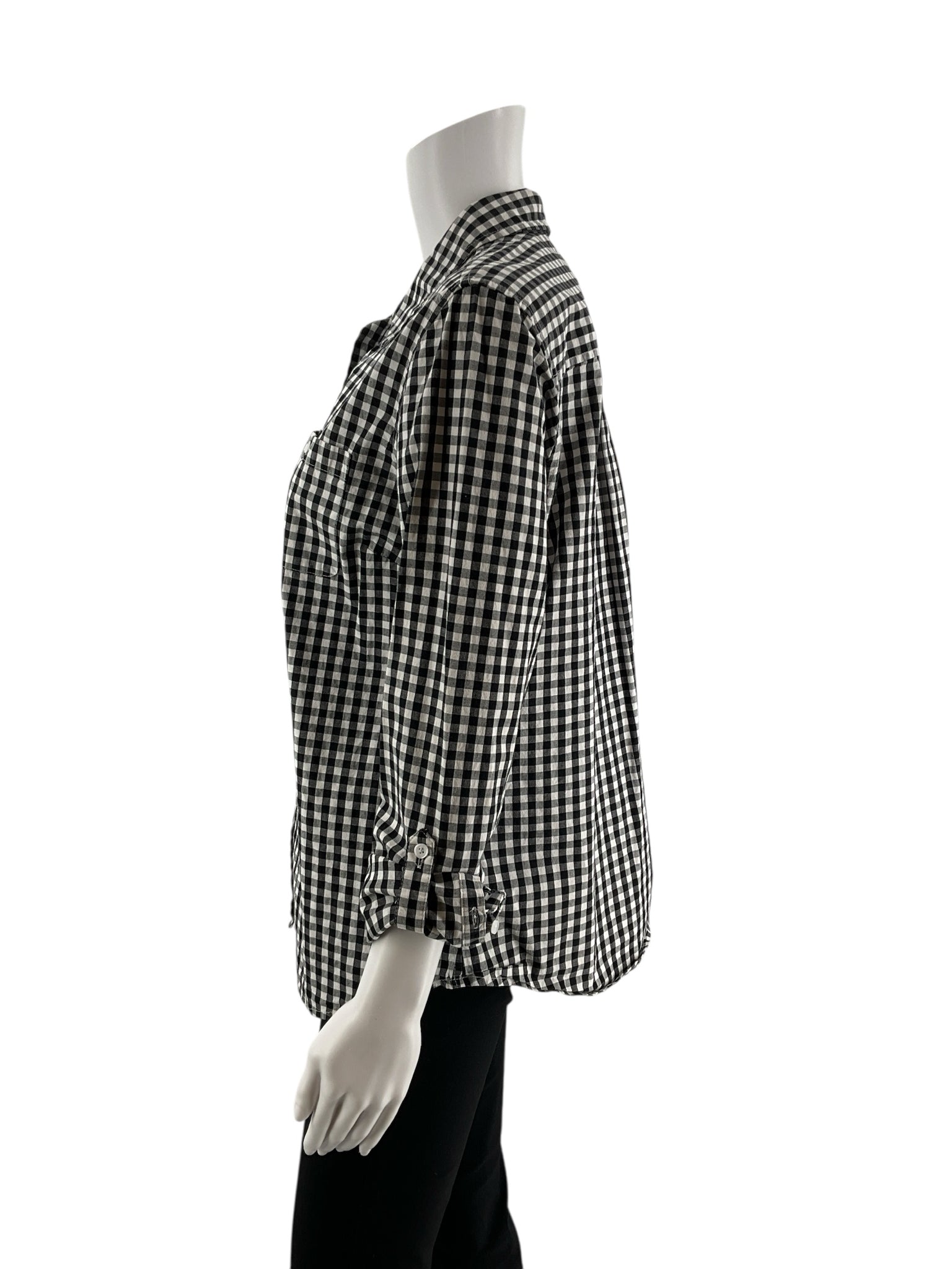 Croft & Barrow medium button-down tunic top in white and navy checkered pattern, showcasing a classic preppy style.