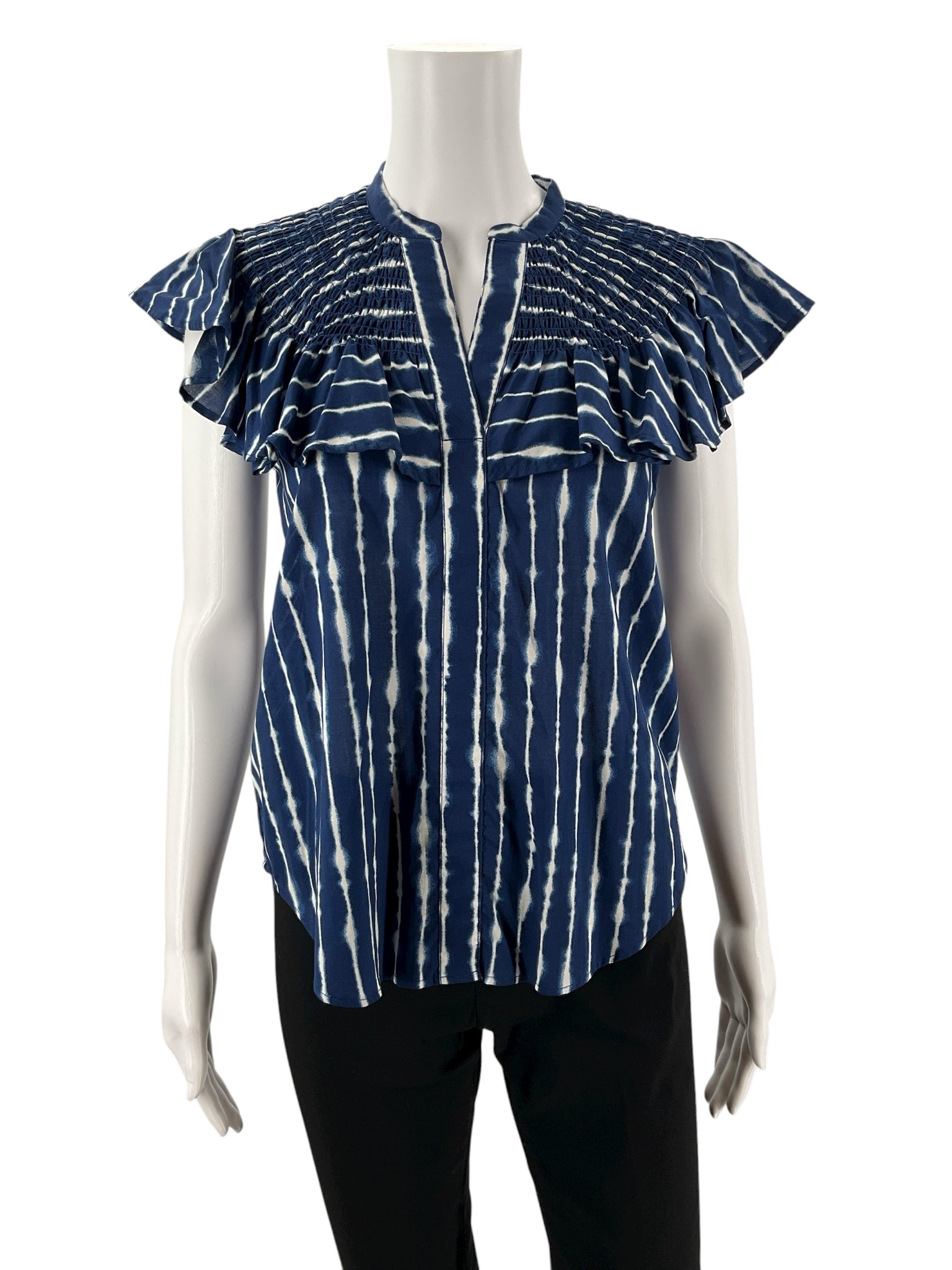 Ann Taylor navy and white print ladies top, size XS, featuring a relaxed fit and split neck design.