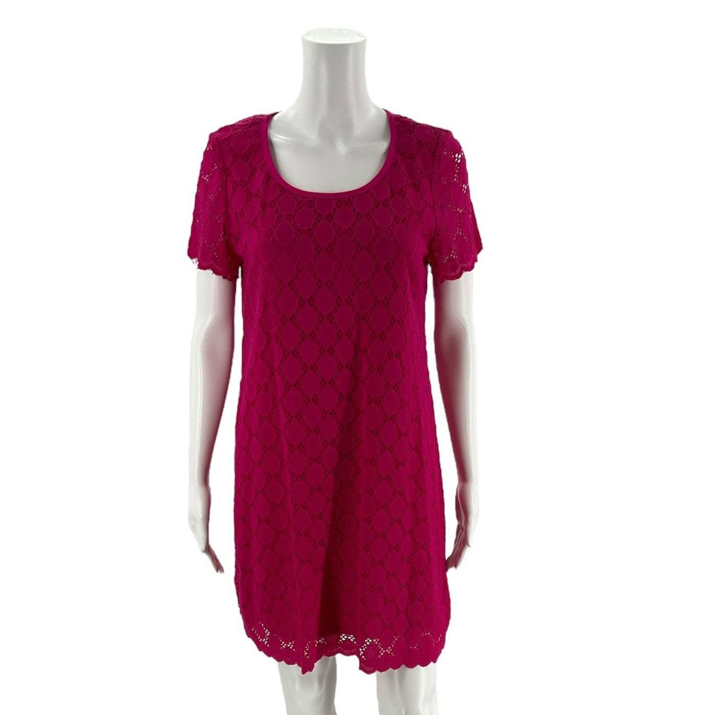 Front view of Ronnie Nicole 2 Piece Ensemble Size Petite Medium in hot pink lace on mannequin, showcasing elegant scoop neckline and floral cutout design.
