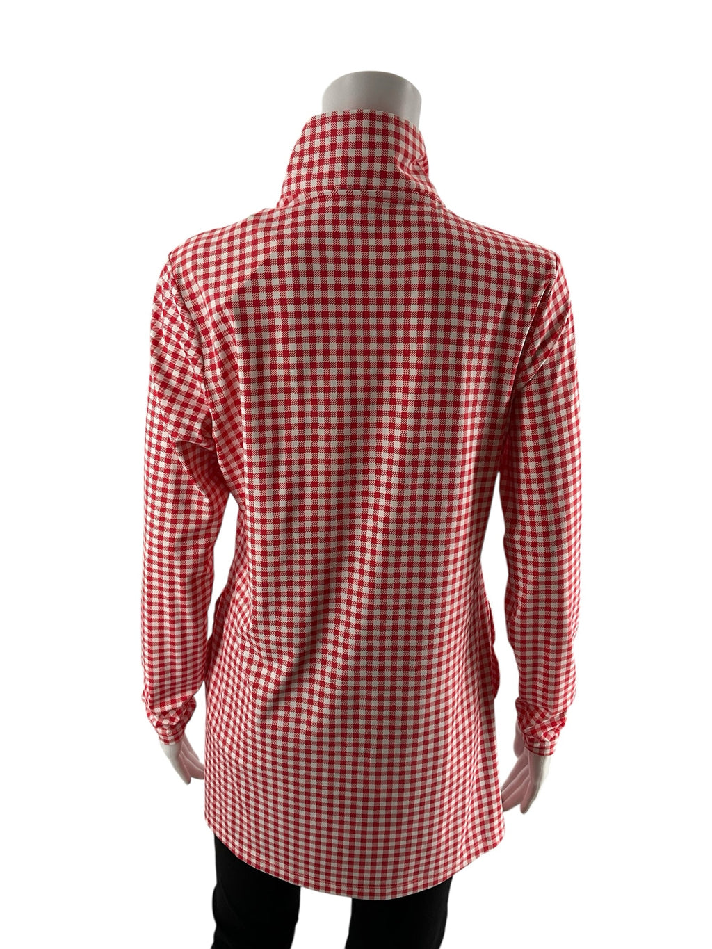 Lands' End white and red checkered ladies' pullover tunic with half-zip and mock neck, size small.
