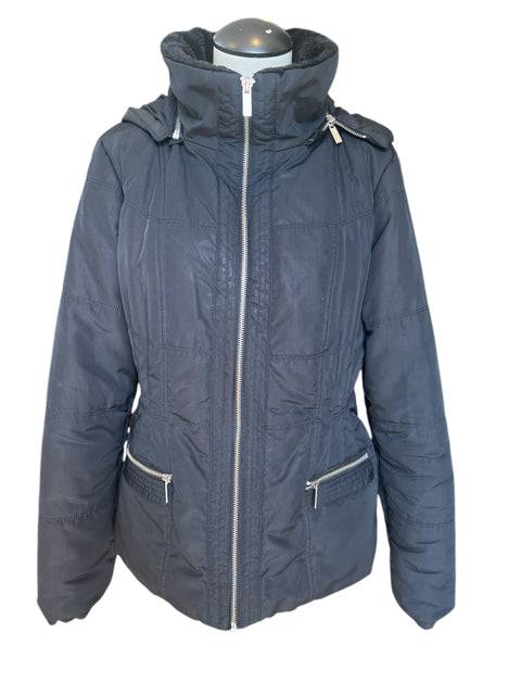 New York & Co black hooded fur-trimmed jacket in size medium with front zip and zippered pockets, available at Margaret's Fine Consignments.