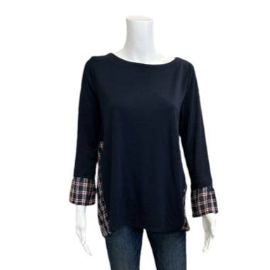 Loft Navy/Red Plaid Top Size Small with plaid side panels and cuffs, styled with jeans at Margaret’s Fine Consignments.