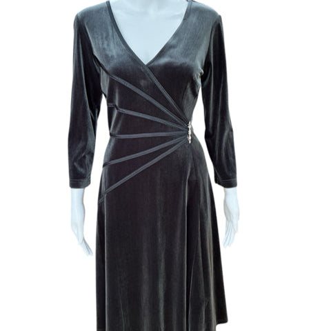 Connected Apparel gray velour pre-owned dress in size 8 with V-neckline and ruched waist detail, available at Margaret's Fine Consignments.