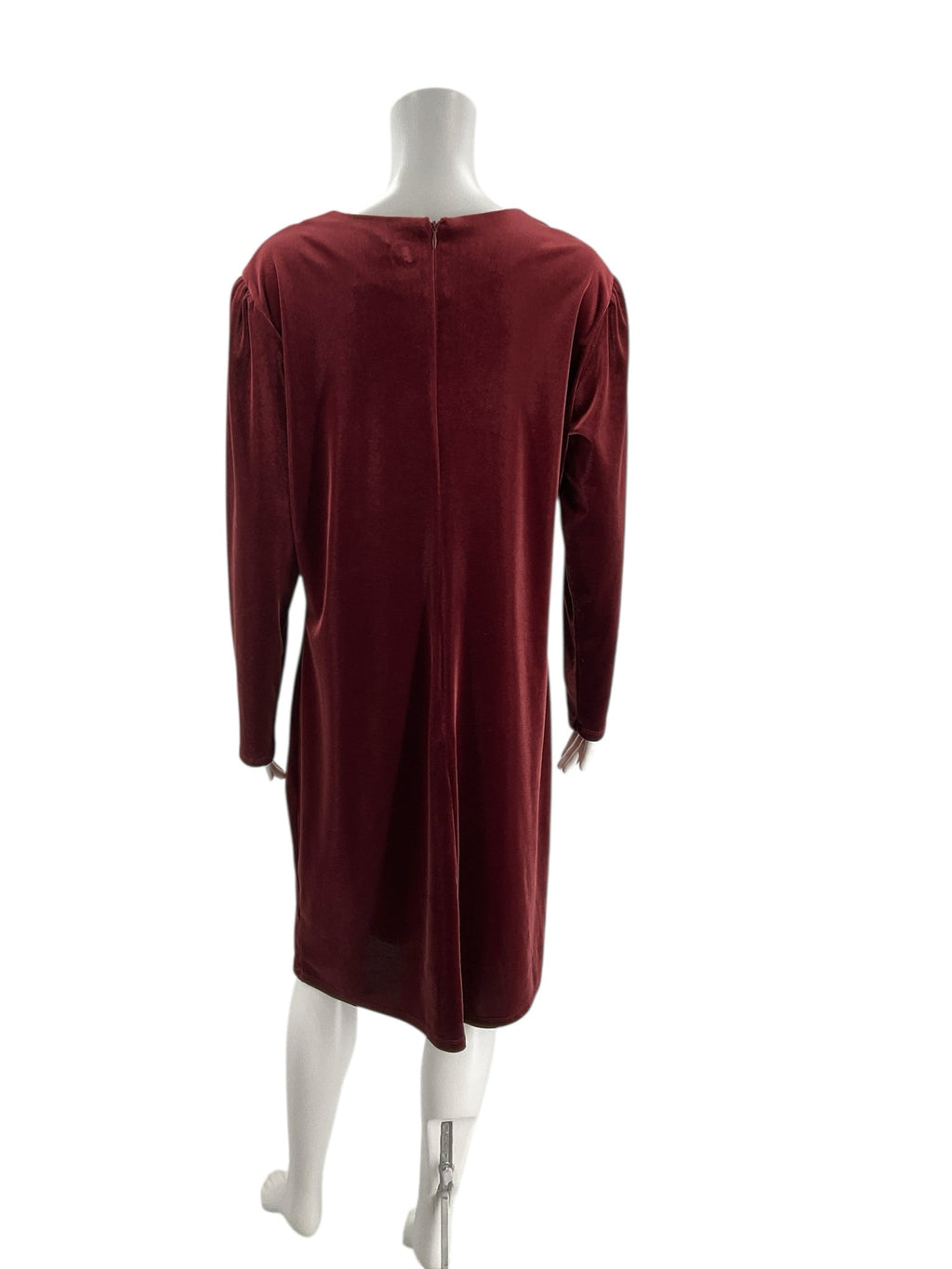 Back view of A New Day Burgundy Pre-Owned Dress - Size XL showing zipper closure and soft velvet texture. Perfect for elegant seasonal outfits.