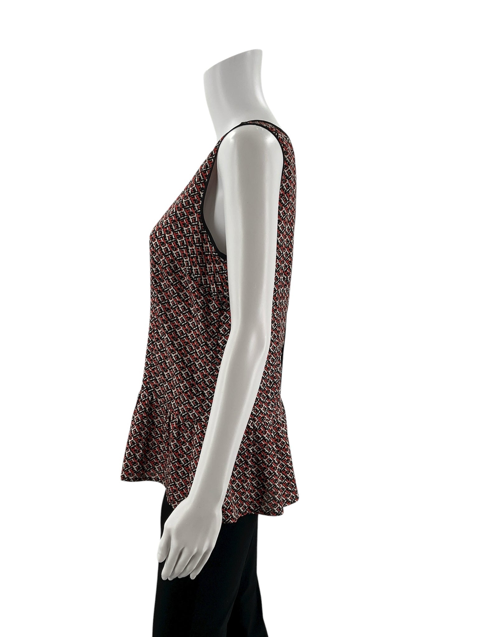 Ann Taylor black, red, and white print sleeveless peplum top with keyhole back, size 8, perfect for business casual wear.