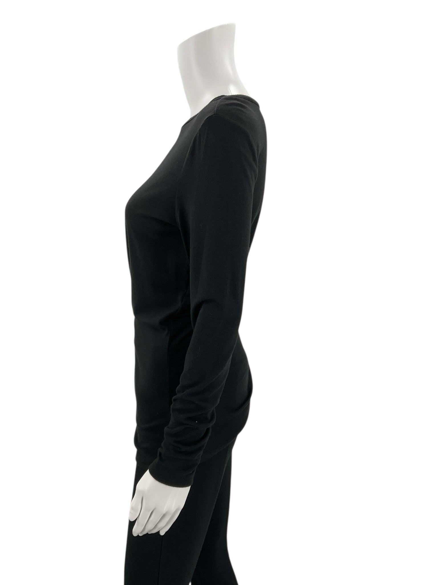 Side profile of Ann Taylor Black Solid Pre-Owned Top - Size Small on mannequin, showing fitted shape and clean seam lines.