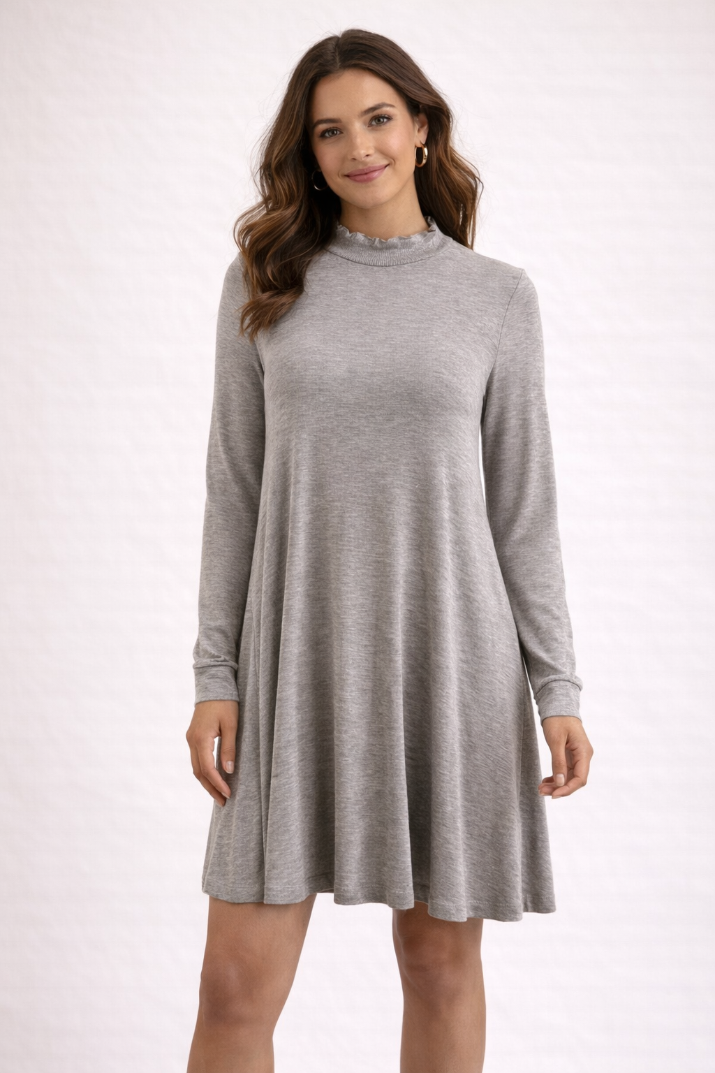 Lou & Gray gray, pink, and blue heathered swing dress, size small, A-line, mock neck, long sleeve, casual style.