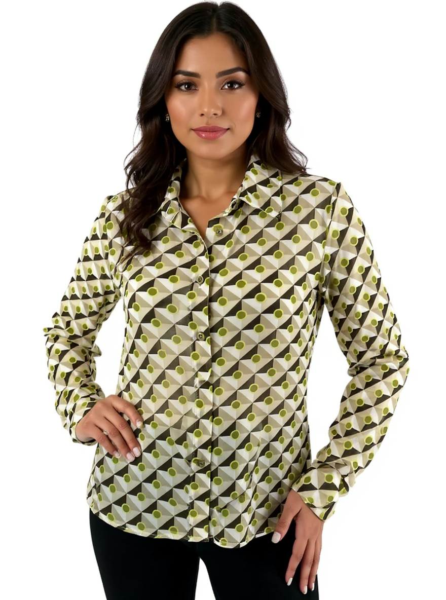 Cabi green and brown print button-down blouse, collared long sleeve top in size small, displayed on a neutral background.