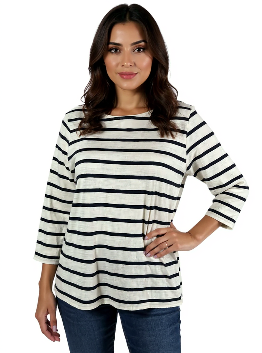 Talbots White/Navy Stripe Pre-Owned Ladies Top - Size Large Petite