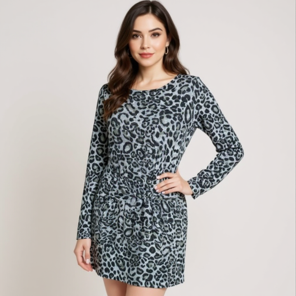 Spense Gray/Black Animal Print Pre-Owned Ladies Dress - Size Large