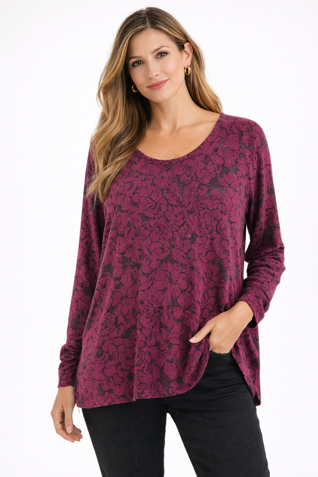 Donna Karan -  Raspberry/Black Floral Pre-Owned Ladies Casual Top - Size Medium