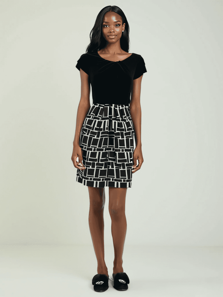 Max and Cleo Dress Size 4 in black and cream with geometric skirt, modeled front view at Margaret's Fine Consignments. Elegant mini dress for any occasion.