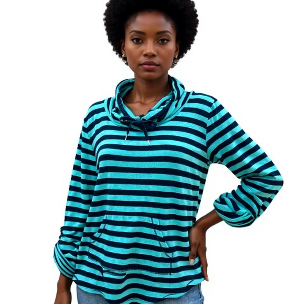 Ruby Rd Teal/Navy Striped Ladies Pre-Owned Top - Size Petite Medium