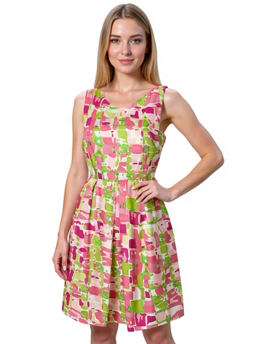 Kay Unger White/Green/Pink Print Pre-Owned Ladies Dress - Size 10 modeled, featuring a sleeveless V-neck A-line silhouette with pleated skirt.