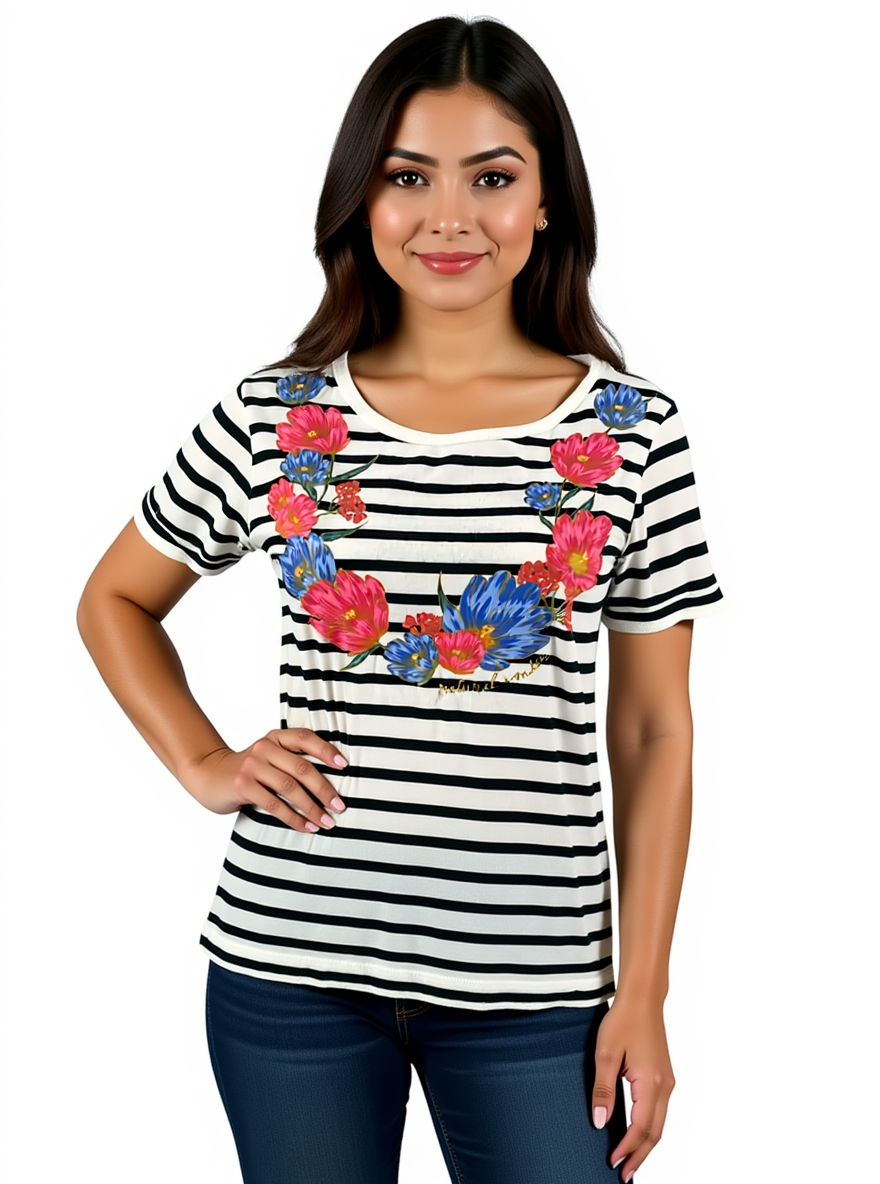 Kate Spade New York short sleeve floral stripe casual top in white and multi colors, size small, pullover style.